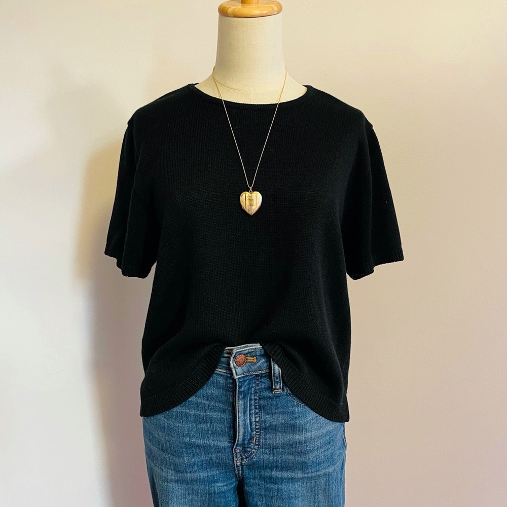 Black Vintage-Inspired Knit Relaxed Fit Short Sleeve Sweater Top Size S/M